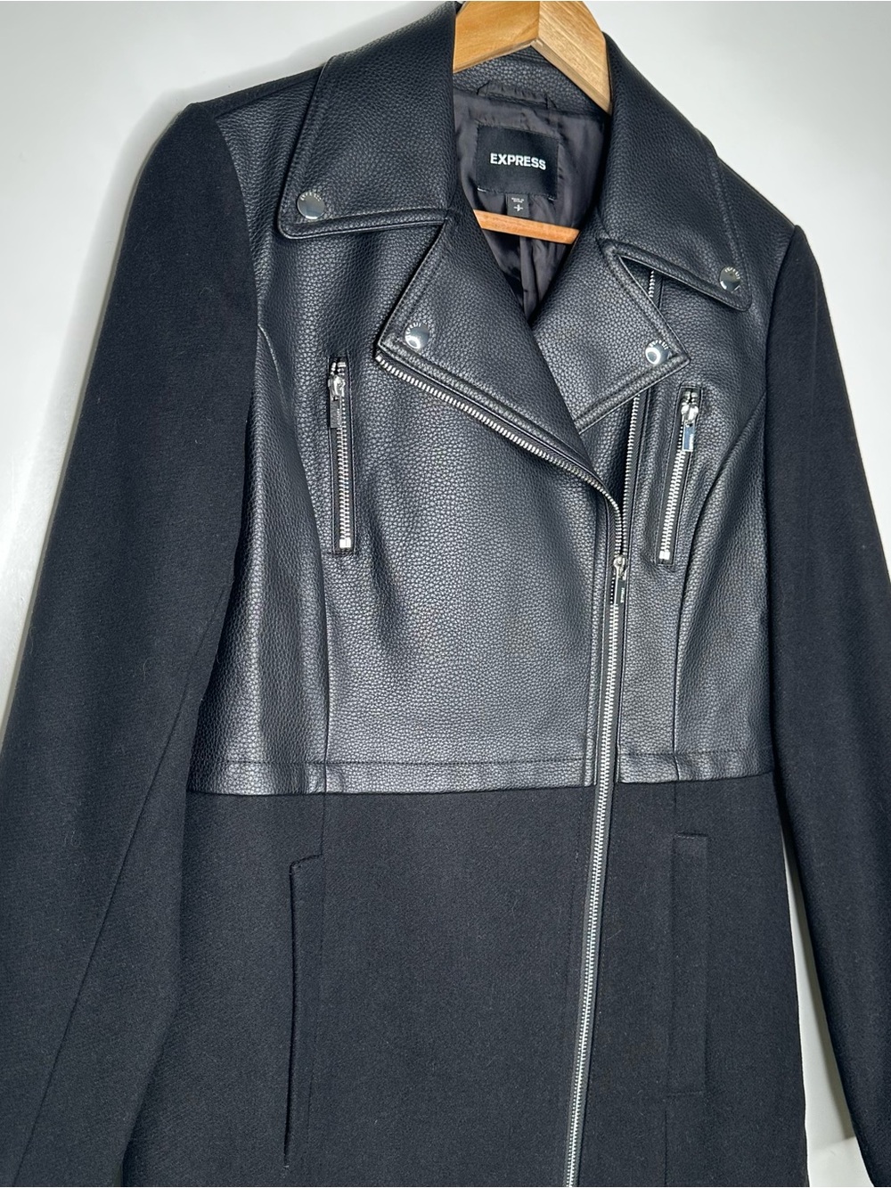 Express NEW! Black Wool Blend Faux Leather Moto Longline Jacket Coat Small - Picture 5 of 10